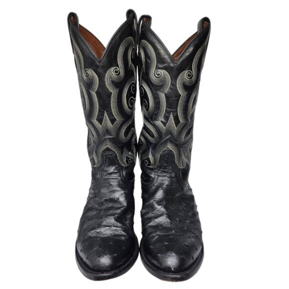 Tony Lama Boots Ostrich Leather Black Heeled Cowboy Tall - Picture 3 of 8